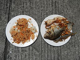 Una comida compuesta de macromoléculas biológicas, carbohidratos, lípidos, ácidos nucleicos y proteínas, servida en un polímero industrial, los plásticos.