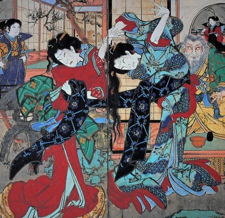 Imagen muy colorida de actores japoneses con trajes y maquillajes elaborados.