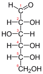 Molécula de glucosa de cadena abierta con carbonos numerados del 1 al 6