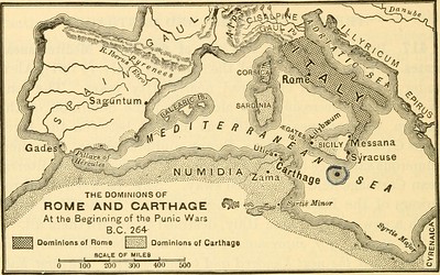 Un mapa antiguo que muestra Roma y el territorio cartaginés.