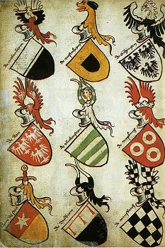 Hyghalmen Roll alemán del siglo XV con diferentes escudos de armas