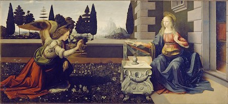 Pintura de Da Vinci La Anunciación que muestra a San Gabriel como un ángel alado entregando un mensaje de Dios a la Virgen María.