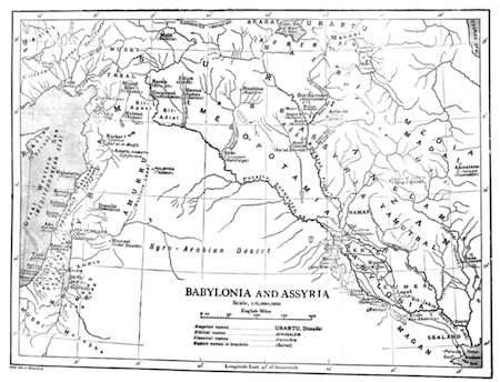 Un mapa de líneas en blanco y negro del Medio Oriente que representa Mesopotamia.