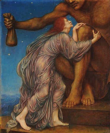 Una pintura de una mujer adorando los pies de un hombre gigante que sostiene una bolsa de riquezas.