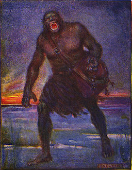 Una ilustración de una criatura humanoide rugiente con un taparrabos, orejas puntiagudas y dientes afilados.