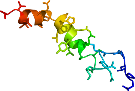 Una molécula retorcida de orexina A. La molécula se representa con estructuras tridimensionales y colores.