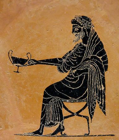 Una ilustración de un hombre con túnica sentado en una silla sosteniendo una copa.