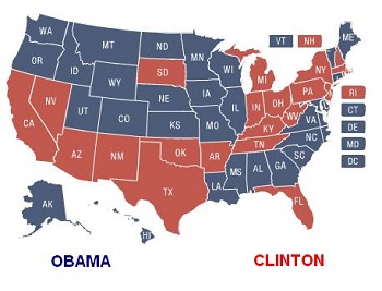Mapa de los votos de las Primarias Democráticas 2008
