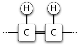 La estructura química de la cola de hidrocarburos en grasas insaturadas.