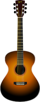 Guitarra marrón de seis cuerdas sentada con el cuello erguido en la parte superior