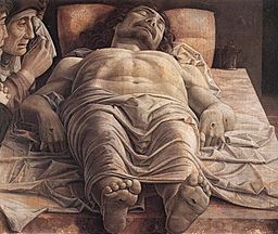Una imagen de Lamentación de Cristo de Nicolas Poussin en la que Jesús yace boca abajo con la cabeza alejada del espectador.