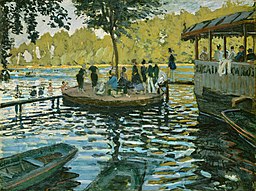 Pintura de un grupo de personas alrededor de un barco en el lago.