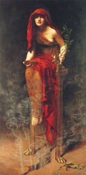 Pythia sentada en un trípode profetizando
