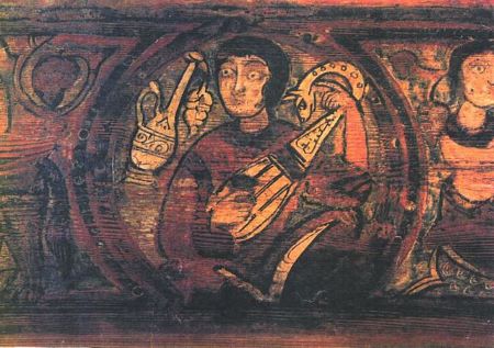 Vigas pintadas en el techo de la Catedral de Cefalu, que muestran a un hombre tocando la lira