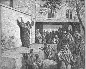 Ilustración de Miqueas predicando a los israelitas.