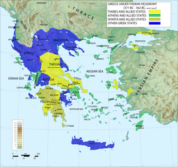 mapa que representa la expansión de la hegemonía tebana en el norte, centro y algunas áreas del sur de Grecia