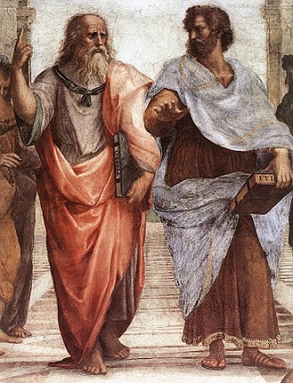 Pintura de un Platón barbudo y de cabello gris y un Aristóteles barbudo y de cabello castaño discutiendo filosofía en la Escuela de Atenas