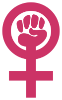 Un puño rosa dentro del símbolo de Venus (femenino), que también es rosa.