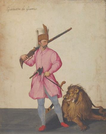 Un retrato de un jenízaro con un león
