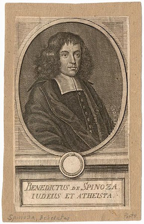 Un retrato de Baruch Spinoza con una chaqueta oscura y el pelo oscuro hasta los hombros.