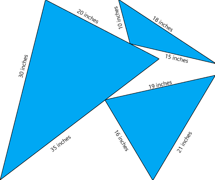tres triángulos. triángulo 1:30 por 35 por 20. triángulo 2:10 por 18 por 15. triángulo 3:16 por 19 por 21.