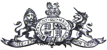 Ilustración en blanco y negro que representa un escudo con centro circular con un león a la izquierda y un unicornio a la derecha.