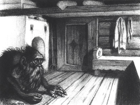 Una ilustración en blanco y negro del típico domovoy peludo y de barba larga.