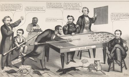 Dibujo de hombres de la década de 1850 rodeando un juego de mesa.