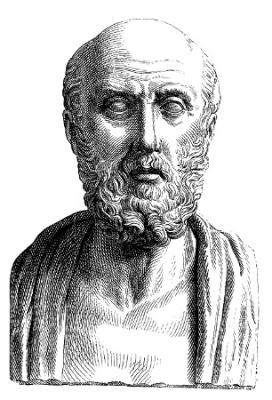 Un dibujo lineal de un busto de mármol o bronce de Hipócrates.