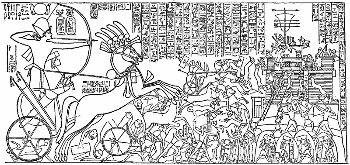 Faraón egipcio montado en un carro a la batalla
