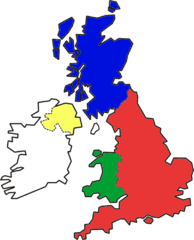 Mapa del Reino Unido que muestra Inglaterra en rojo, Escocia en azul, Gales en verde e Irlanda del Norte en amarillo
