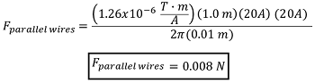 fuerza magnética en 2 cables - ejemplo de cálculo