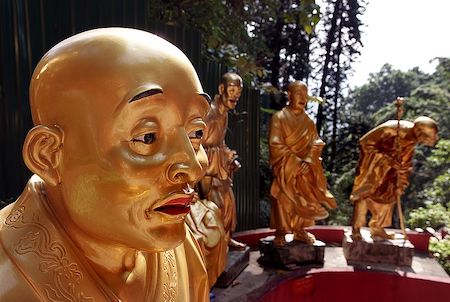 Un templo boscoso con varias estatuas doradas de monjes.