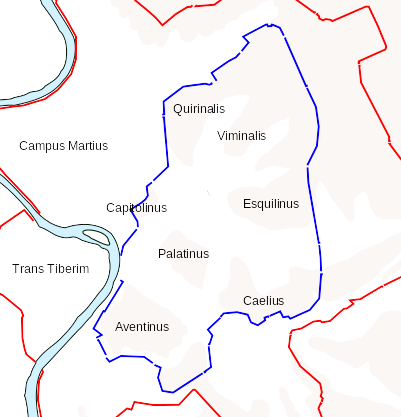 Un mapa que detalla el etiquetado de las siete colinas de Roma.