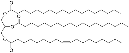 La estructura química de un lípido triglicérido, un nutriente, con tres colas de ácidos grasos.
