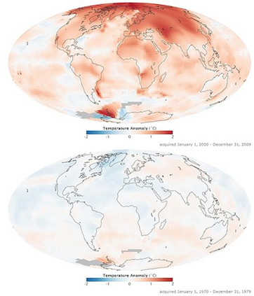 Un mapa generado por la NASA de los cambios en la temperatura global entre 1970 y 2000.