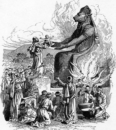 Ilustración de un hombre ofreciendo un niño a Moloch. Trompetistas y bateristas tocan cerca.