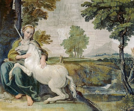 Una pintura de una niña con un vestido verde en un bosque sosteniendo un pequeño unicornio blanco.