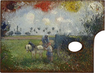 Camille Pissarro, paisaje pintado en la paleta del artista, c.1878.