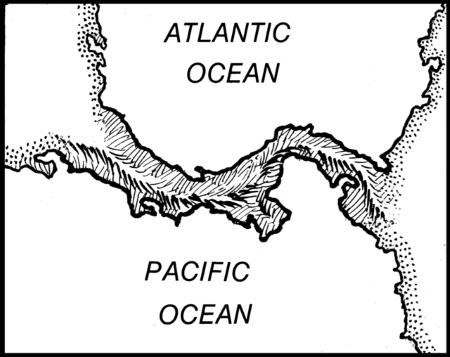 Un dibujo lineal en blanco y negro de la sección de tierra que conecta América del Norte y América del Sur.