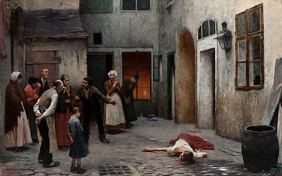 Pintura al óleo de 1890 que representa una multitud en una calle reunida alrededor del cuerpo de una mujer muerta.