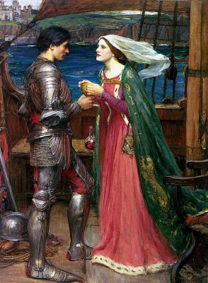 Una pintura en color que representa a Tristán e Isolda en un barco sosteniendo una taza entre ellos con la poción de amor de fondo.