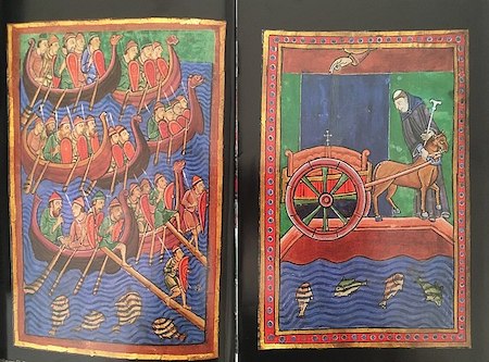 Dos hojas de un manuscrito que ofrece una representación colorida de Ivar el Deshuesado y la llegada de los vikingos a Inglaterra.