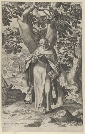 Un dibujo de Santo Domingo leyendo bajo un árbol.