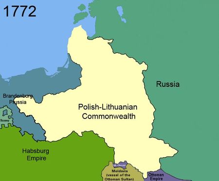 Mapa en color de la partición de Polonia de 1772.