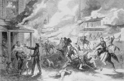 Dibujo en blanco y negro que representa una ciudad en llamas y residentes baleados.