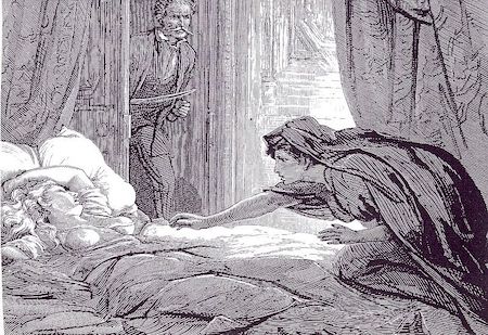 Carmilla, una joven vampira, a punto de beber la sangre de Laura, la protagonista, que se encuentra dormida en una cama.