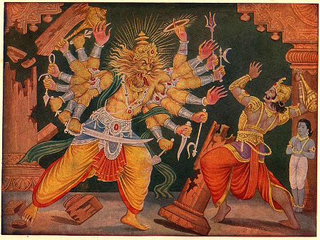 Pintura de Narasimha saliendo de un pilar para matar a Hiranyakashipu mientras Prahlada permanece a un lado.
