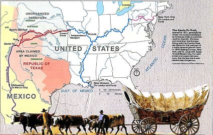 Un mapa que muestra una carreta y un sendero que comienza en Missouri y termina en Santa Fe, Nuevo México.