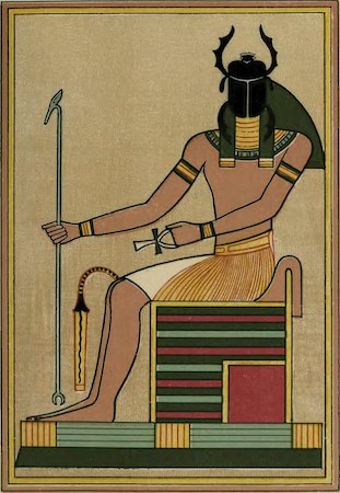 Una ilustración de Khepri, un hombre con un escarabajo por cabeza y sentado en un trono.
